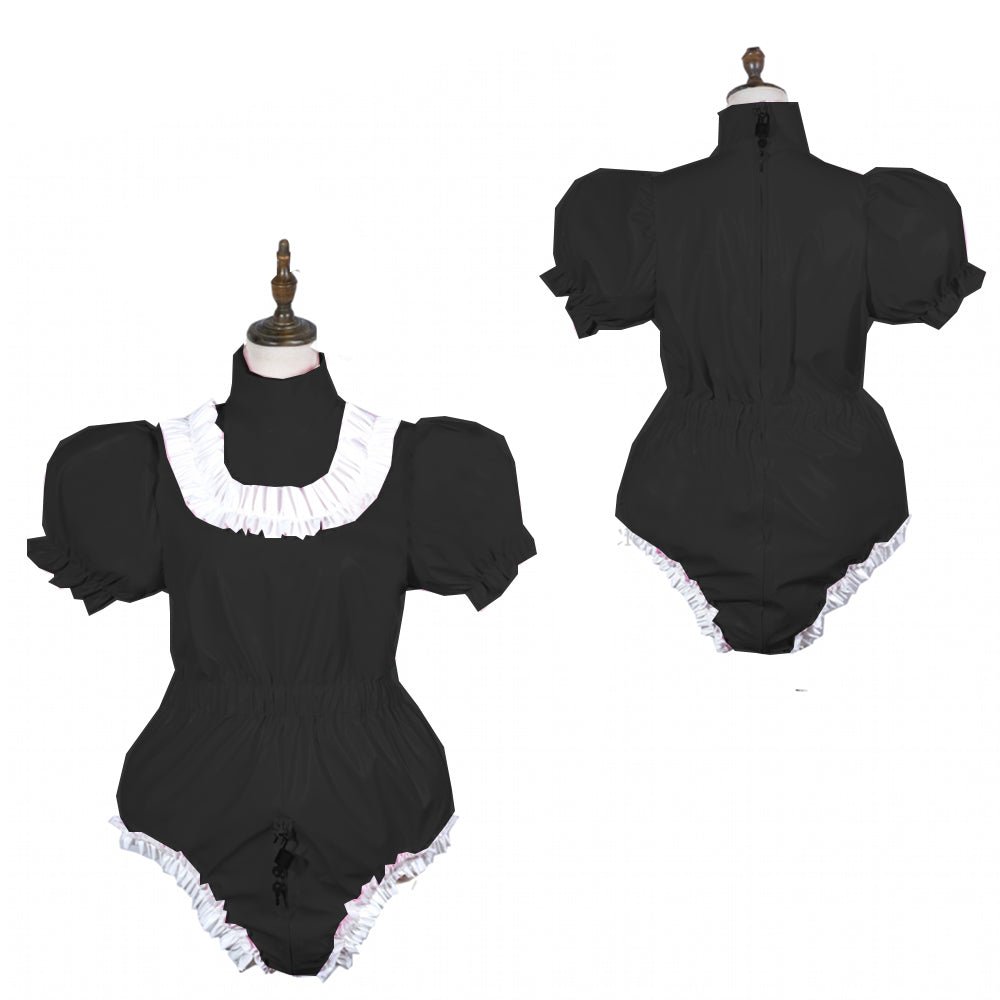 Sissy Bodysuit Shiny PVC Lolita Puff Short Sleeve Maid Cosplay Costume Vinyl Maid Dress Lockable Gothic Jumpsiut Plus Size 7XL