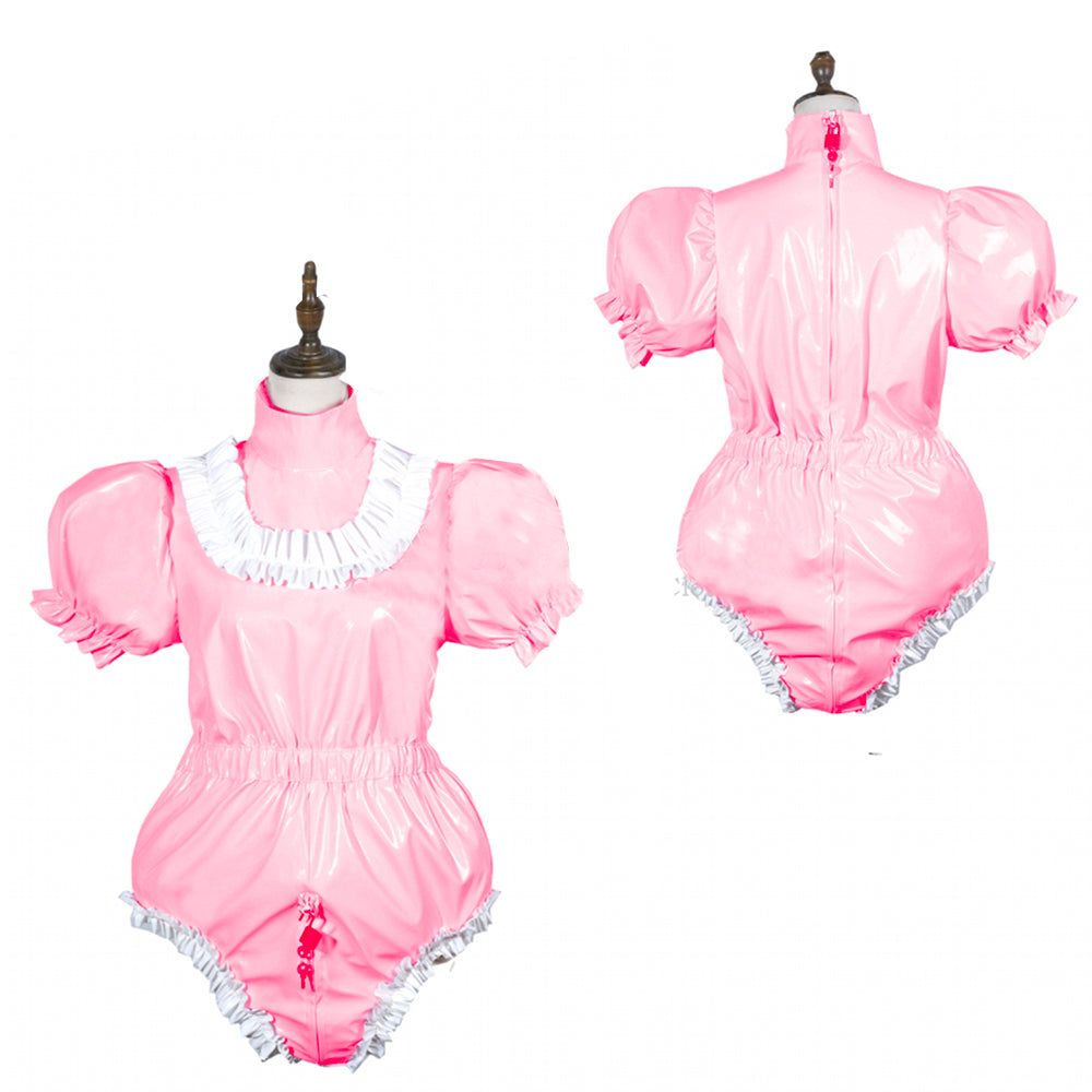 Sissy Bodysuit Shiny PVC Lolita Puff Short Sleeve Maid Cosplay Costume Vinyl Maid Dress Lockable Gothic Jumpsiut Plus Size 7XL