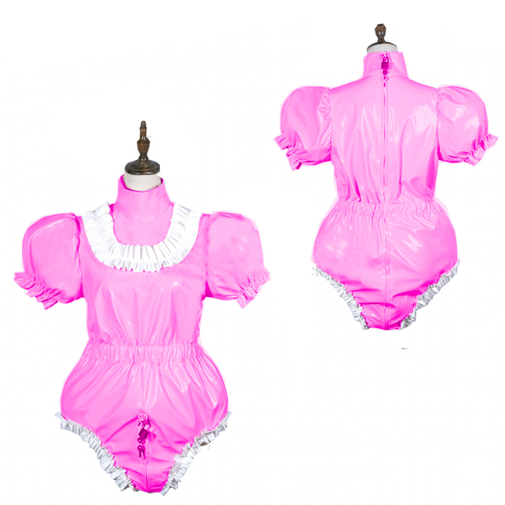 Sissy Bodysuit Shiny PVC Lolita Puff Short Sleeve Maid Cosplay Costume Vinyl Maid Dress Lockable Gothic Jumpsiut Plus Size 7XL