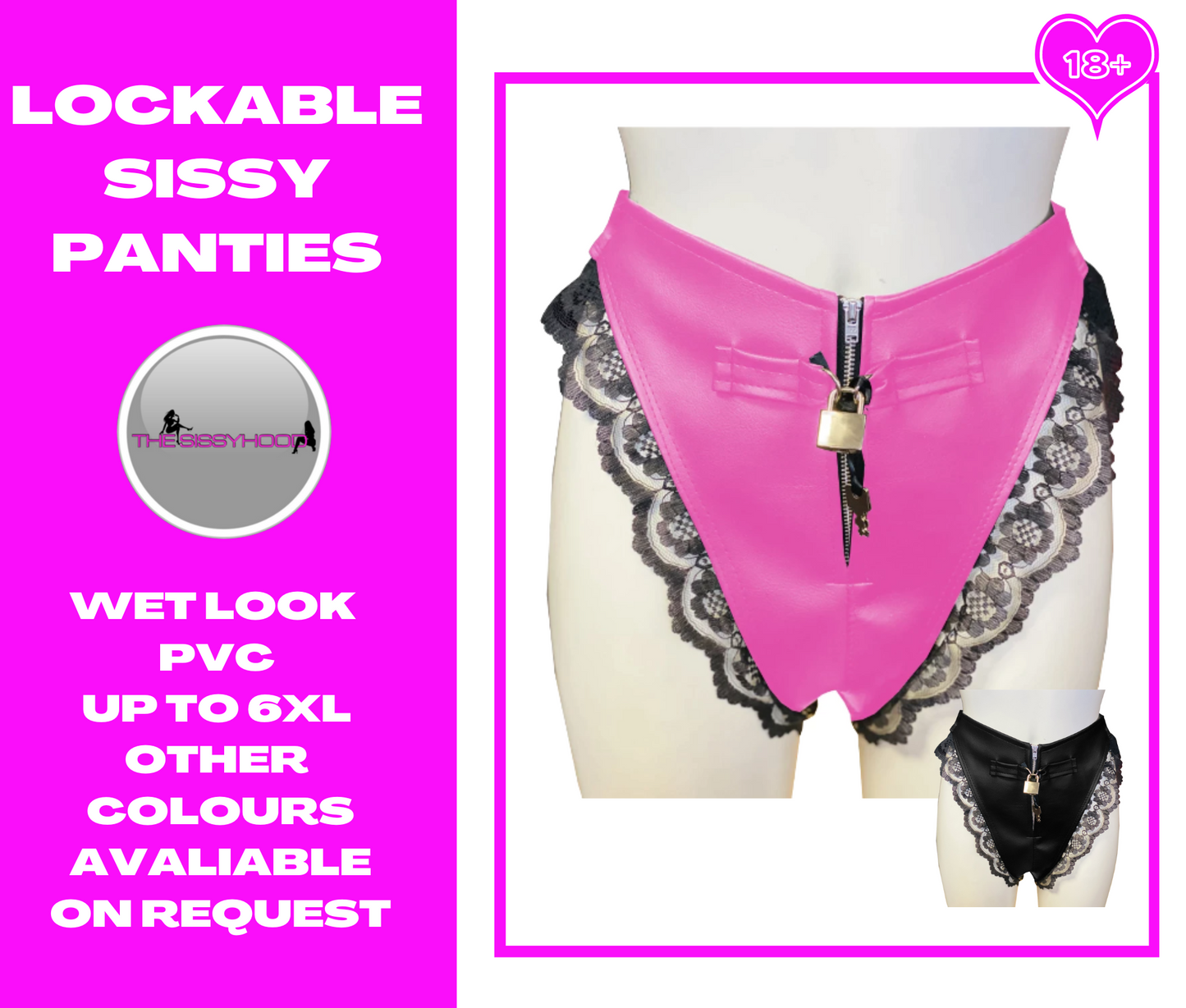 Lockable Panties Sissy unisex Zipper Knickers Black Lace Briefs Wet Look PVC Shiny High Waist underpants Crossdress CostumeS-7XL