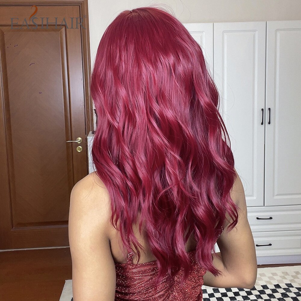 RED Synthetic Wigs with Bang Long Natural Wavy Hair Wig Heat Resistant