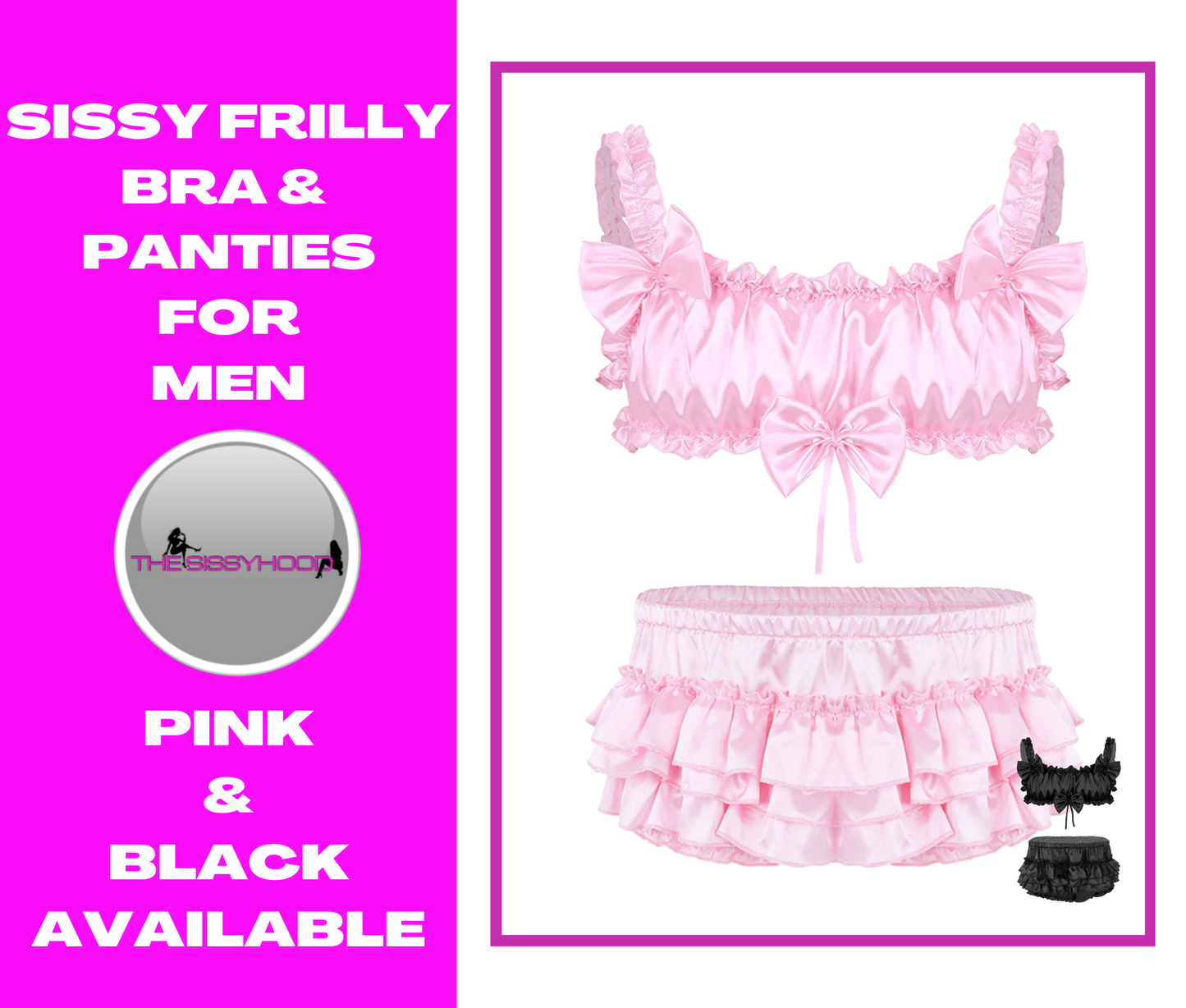 Men Satin Lingerie Set Ruffled Frilly Elastic Wide Shoulder Straps Bowknot Wire-free Bra Crop Top Bloomer Tiered Skirted Panties