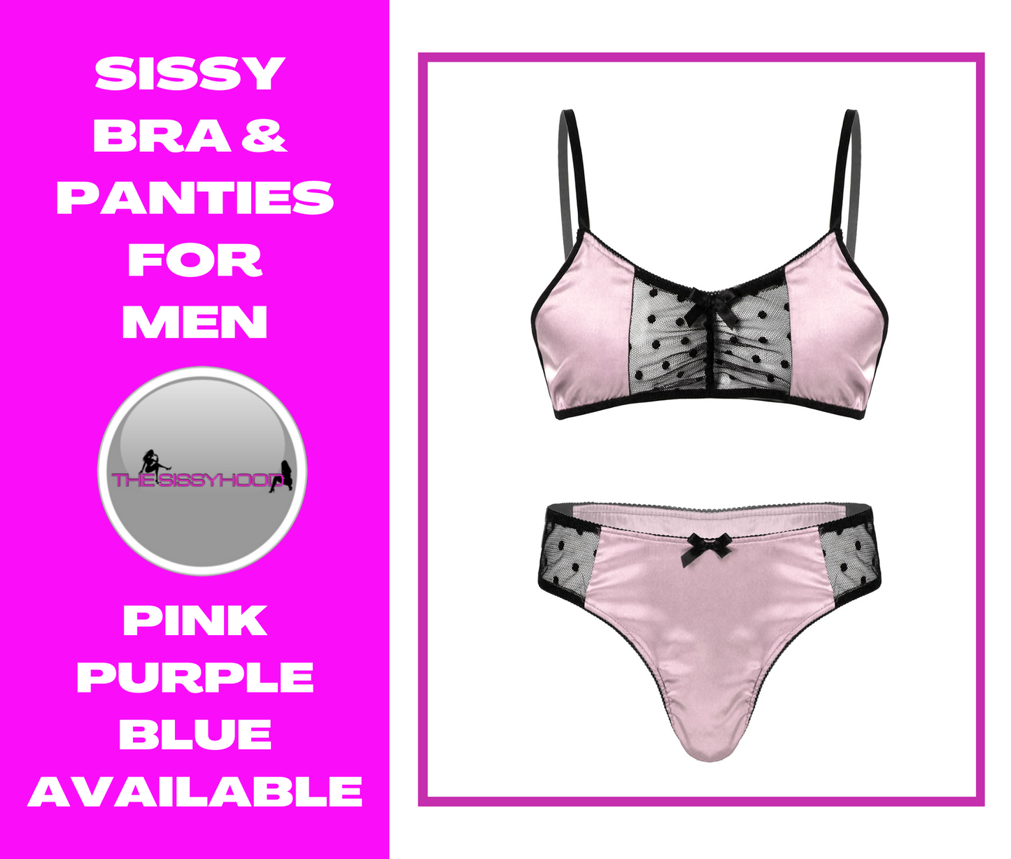 Men Satin Lingerie Suit Sissy Sheer Mesh Patchwork Adjustable Spaghetti Strap Bra Tops with Briefs Thongs Nightwear Underwear