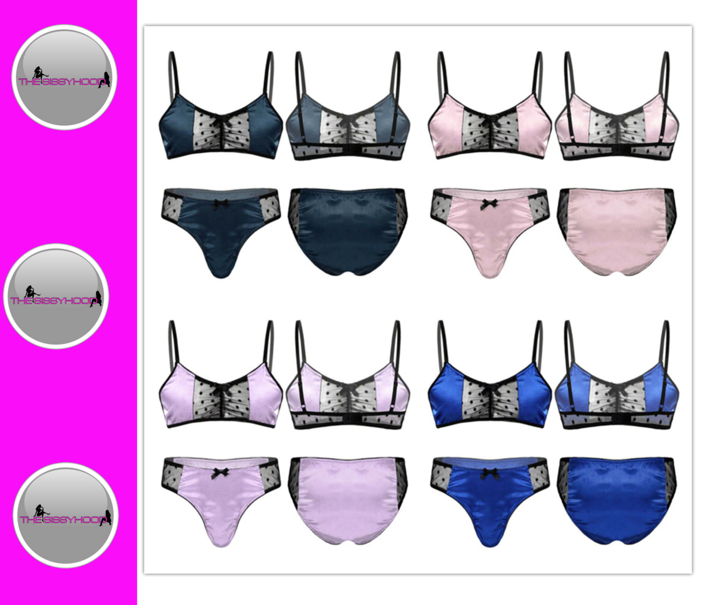 Men Satin Lingerie Suit Sissy Sheer Mesh Patchwork Adjustable Spaghetti Strap Bra Tops with Briefs Thongs Nightwear Underwear