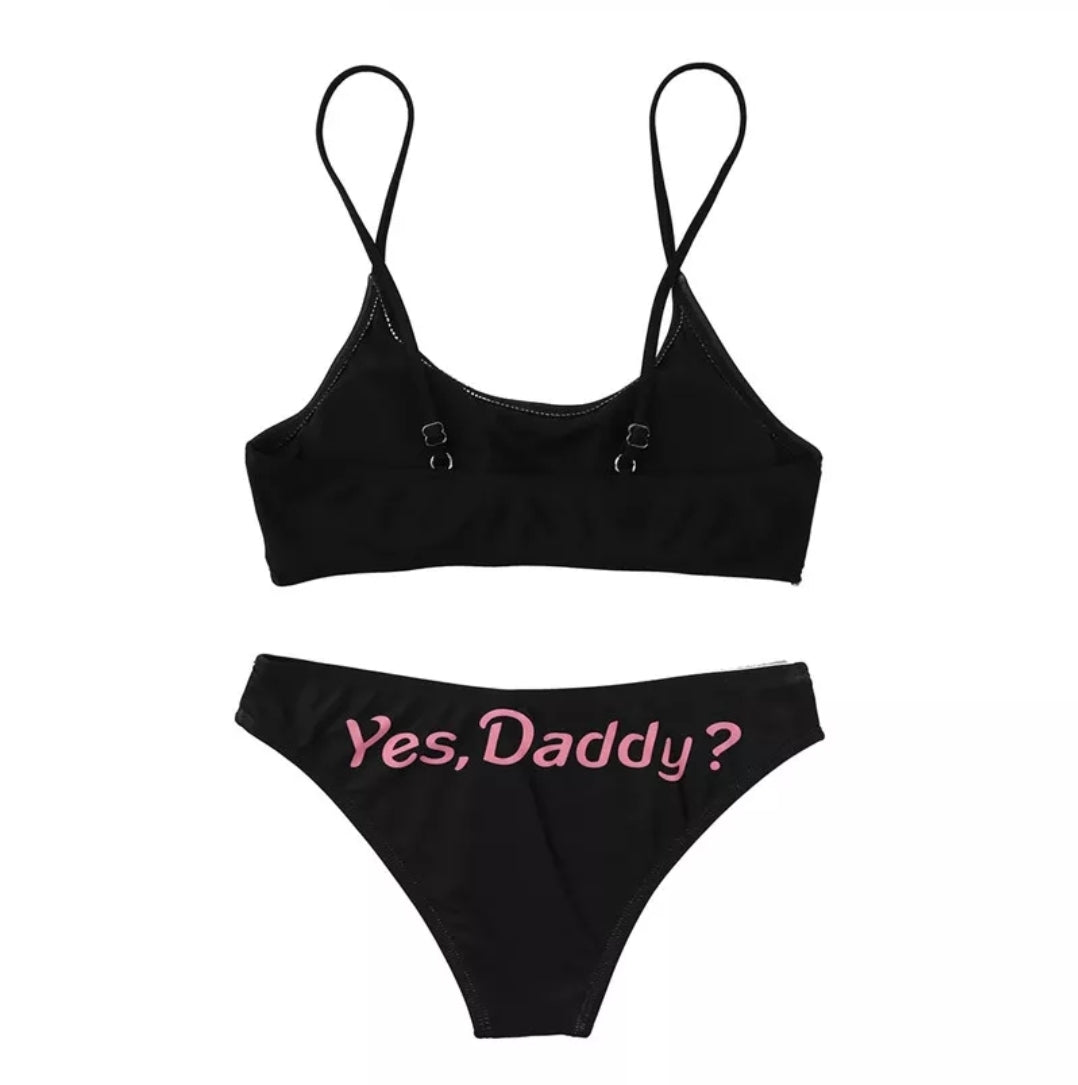 Womens Adjustable Shoulder Straps Yes Daddy Printed Mini Camisole Bra Crop Tops with Briefs Underwear Set Anime Cosplay Costumes Bikini Swimwear