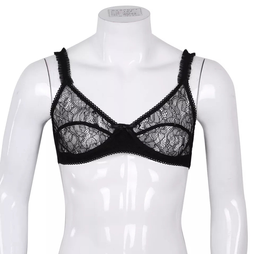 Mens Sissy Bikini Top Beach Bralette Top Soft See Through Sheer Floral Lace Lingerie Bralette Bra Tops
