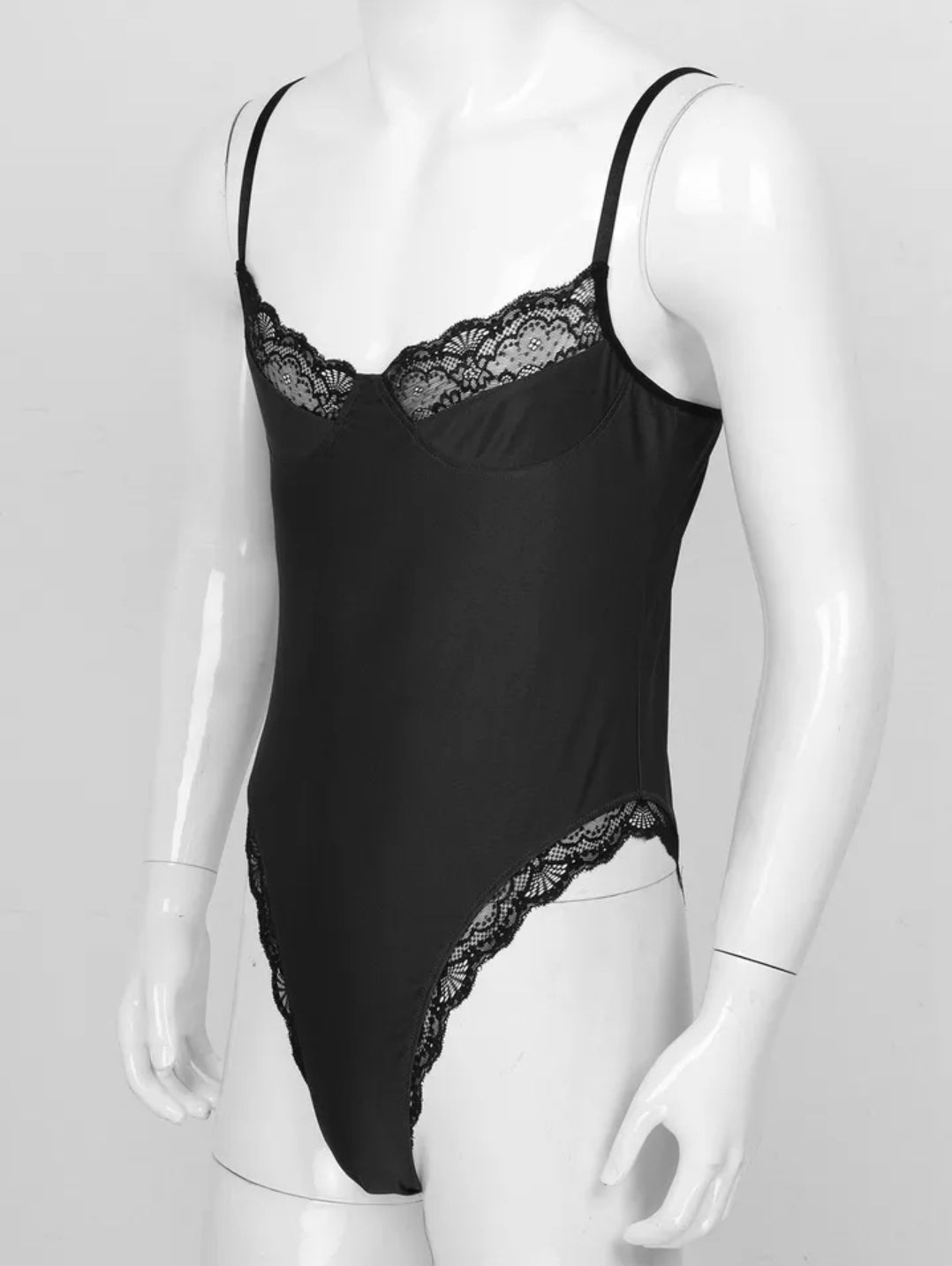 Men Lace Trimming Bodycon Bodysuit Sissy Spaghetti Strap Sleeveless Unlined Wireless Bra Lingerie Teddies Catsuit