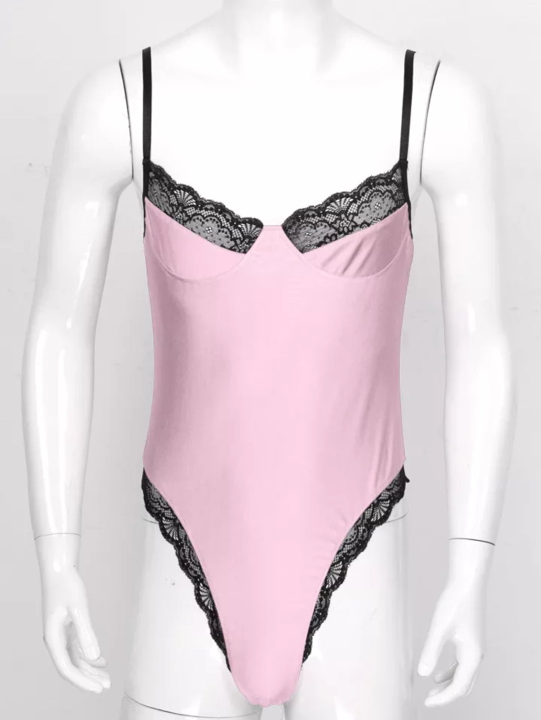 Men Lace Trimming Bodycon Bodysuit Sissy Spaghetti Strap Sleeveless Unlined Wireless Bra Lingerie Teddies Catsuit