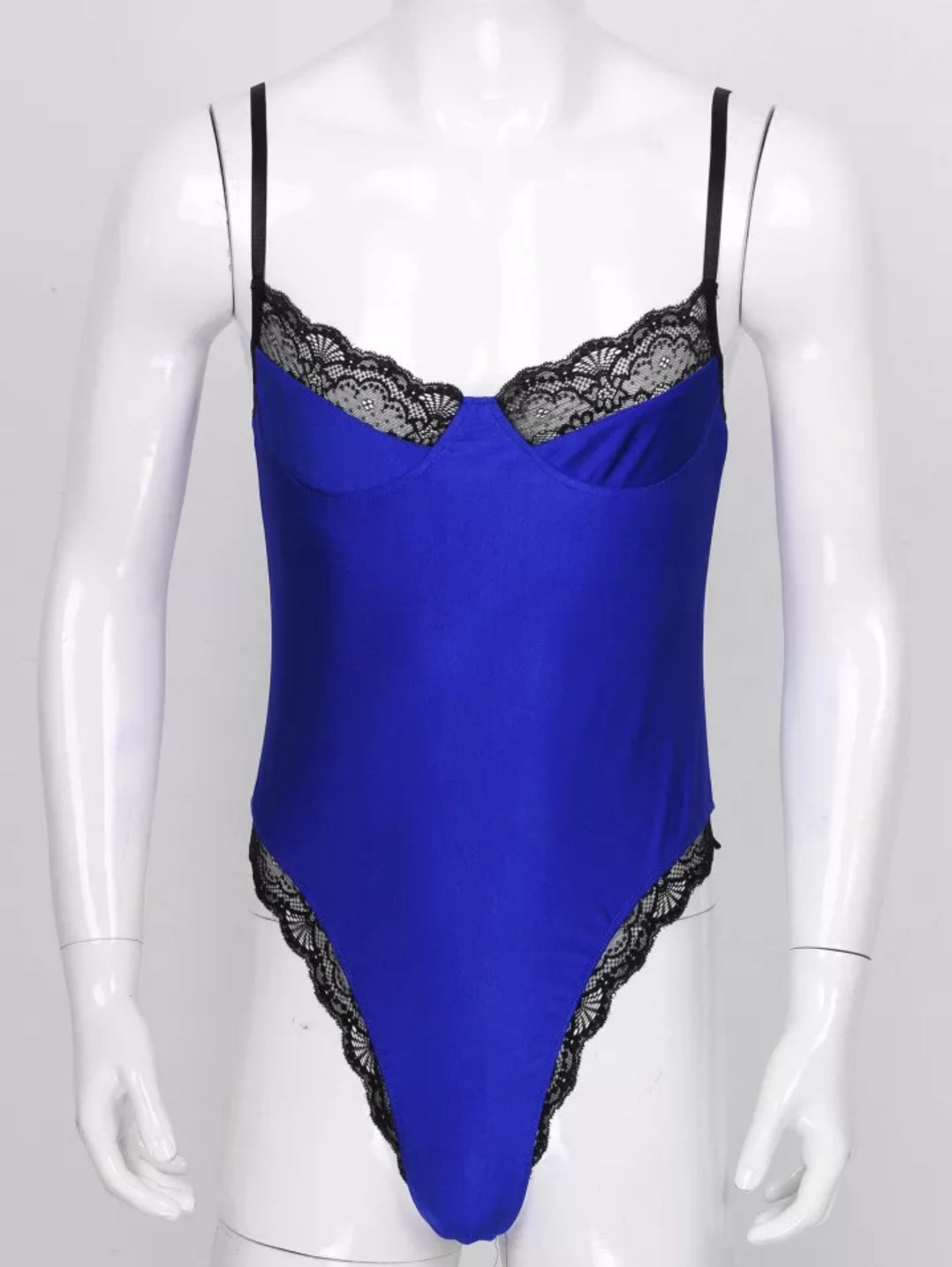 Men Lace Trimming Bodycon Bodysuit Sissy Spaghetti Strap Sleeveless Unlined Wireless Bra Lingerie Teddies Catsuit