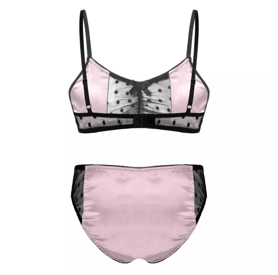 Men Satin Lingerie Suit Sissy Sheer Mesh Patchwork Adjustable Spaghetti Strap Bra Tops with Briefs Thongs Nightwear Underwear