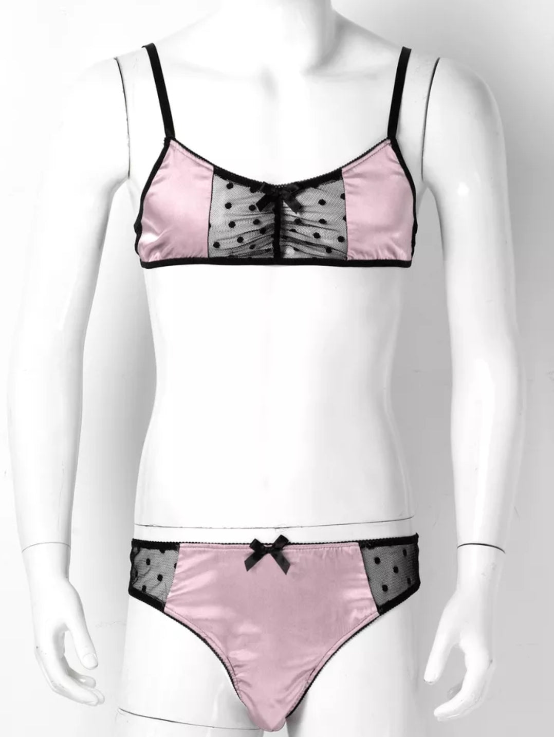 Men Satin Lingerie Suit Sissy Sheer Mesh Patchwork Adjustable Spaghetti Strap Bra Tops with Briefs Thongs Nightwear Underwear