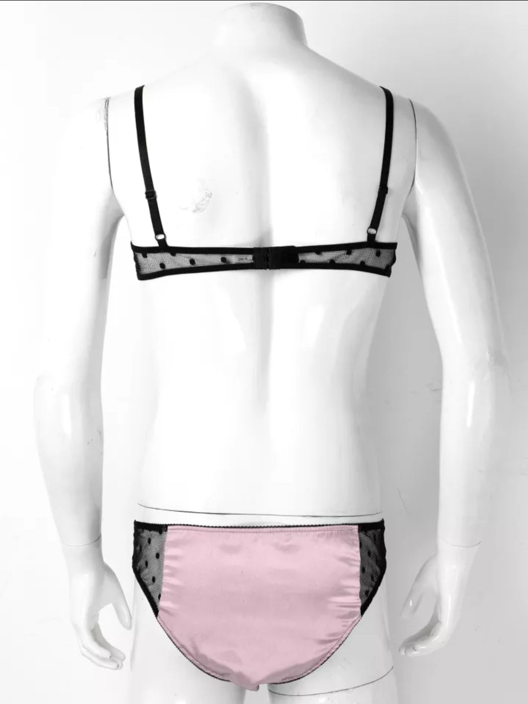 Men Satin Lingerie Suit Sissy Sheer Mesh Patchwork Adjustable Spaghetti Strap Bra Tops with Briefs Thongs Nightwear Underwear