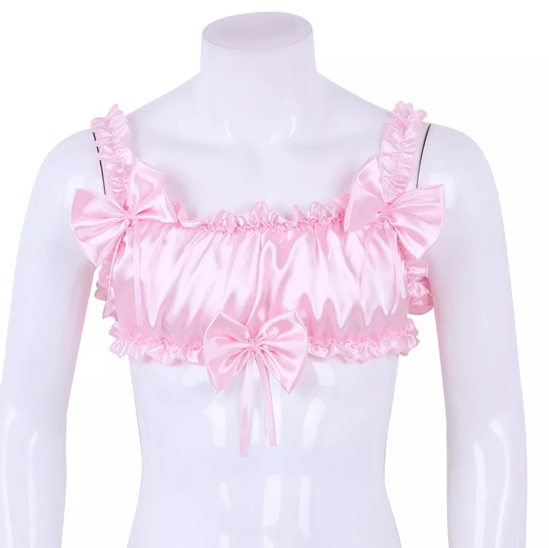Men Satin Lingerie Set Ruffled Frilly Elastic Wide Shoulder Straps Bowknot Wire-free Bra Crop Top Bloomer Tiered Skirted Panties