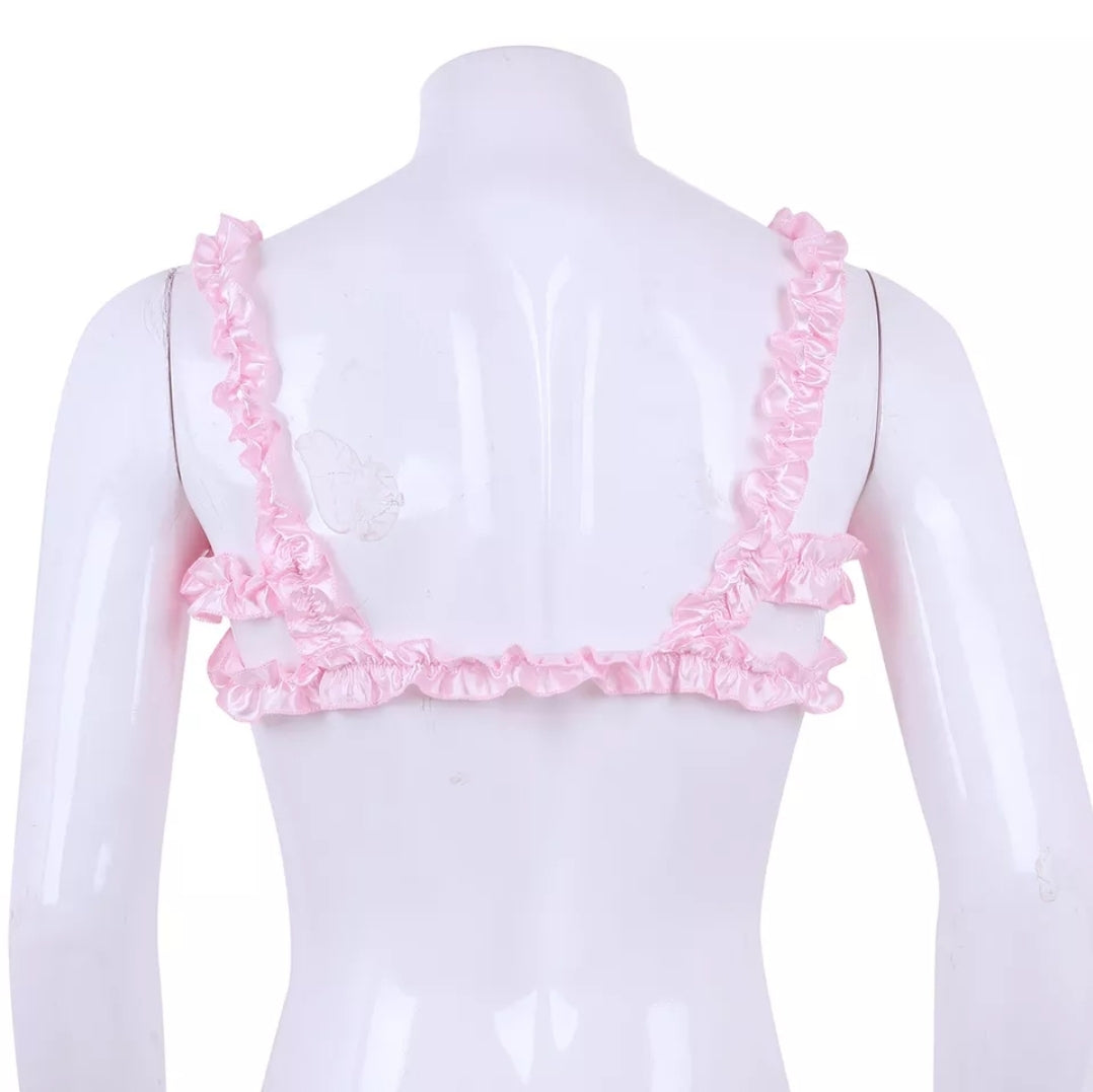 Men Satin Lingerie Set Ruffled Frilly Elastic Wide Shoulder Straps Bowknot Wire-free Bra Crop Top Bloomer Tiered Skirted Panties