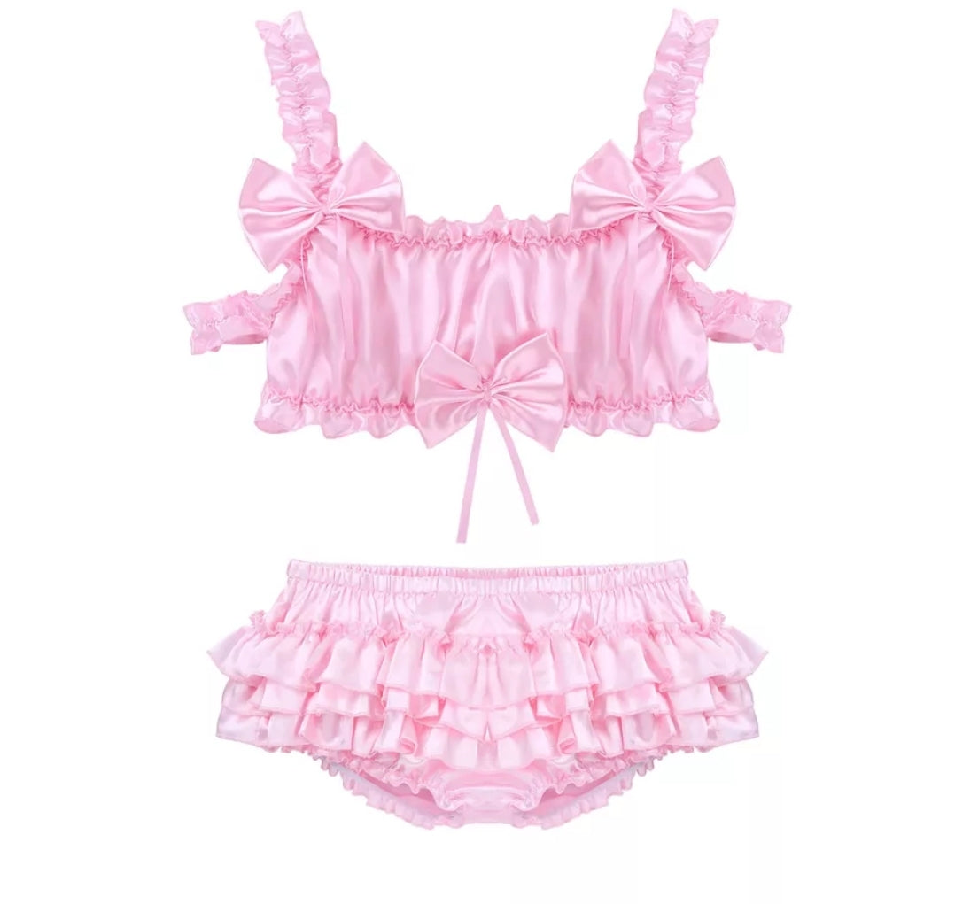 Men Satin Lingerie Set Ruffled Frilly Elastic Wide Shoulder Straps Bowknot Wire-free Bra Crop Top Bloomer Tiered Skirted Panties