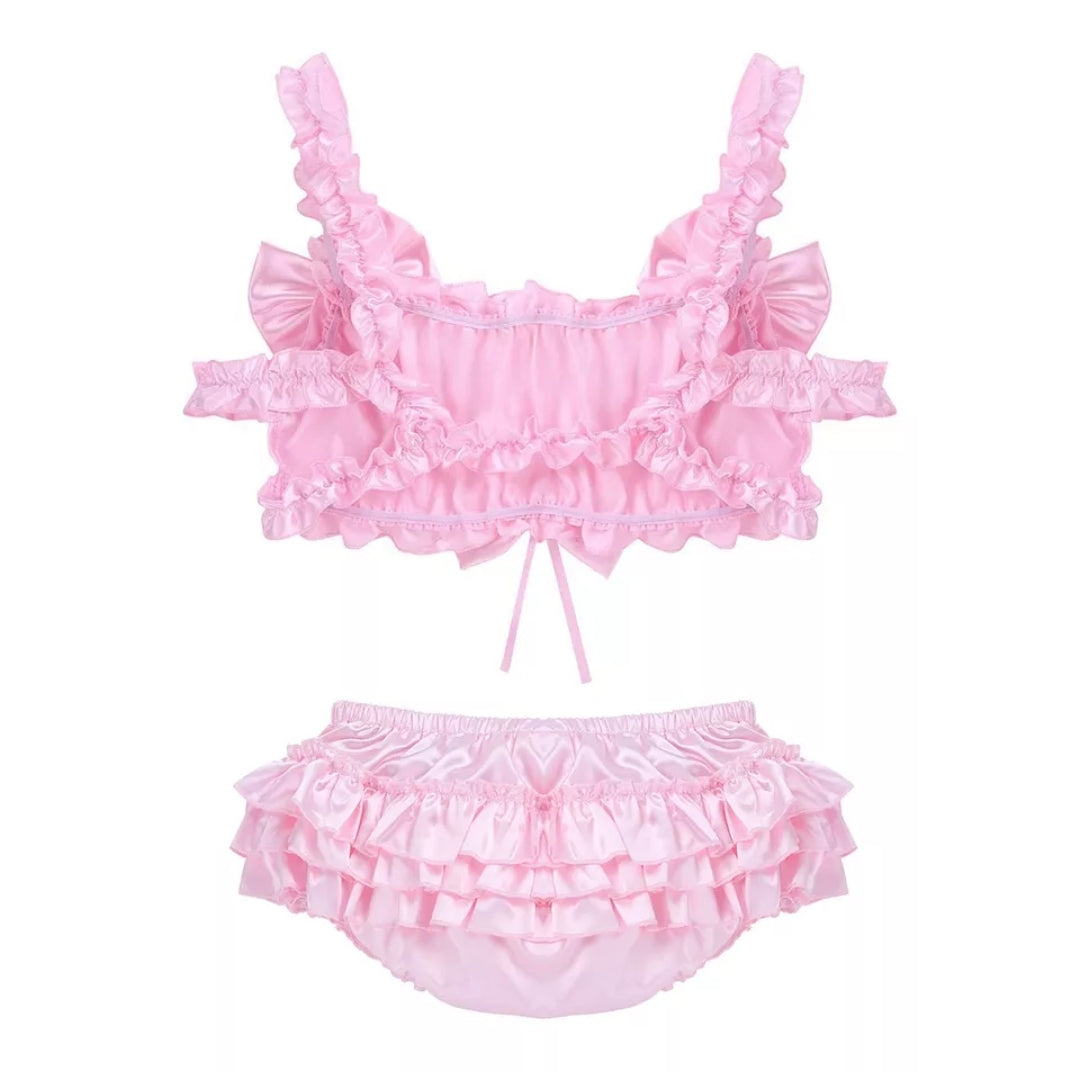 Men Satin Lingerie Set Ruffled Frilly Elastic Wide Shoulder Straps Bowknot Wire-free Bra Crop Top Bloomer Tiered Skirted Panties