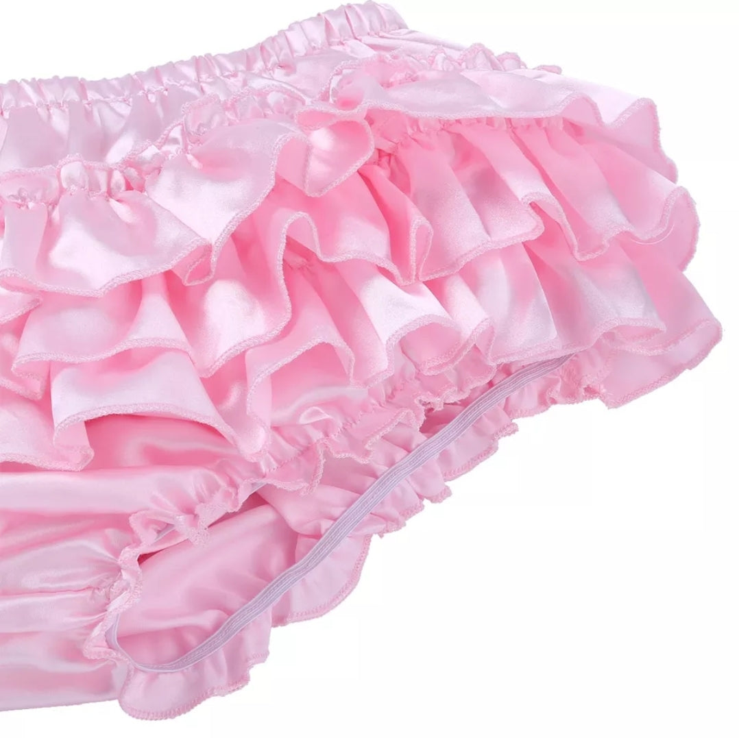 Men Satin Lingerie Set Ruffled Frilly Elastic Wide Shoulder Straps Bowknot Wire-free Bra Crop Top Bloomer Tiered Skirted Panties