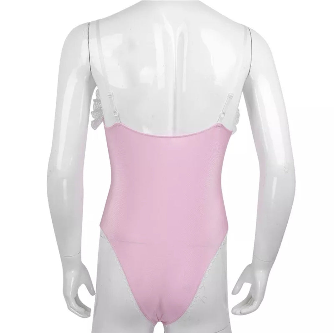 Sissy Mens Lingerie One Piece Adjustable Spaghetti Shoulder Straps High Cut Sleepwear Mens Sexy Ruffle Lace Teddy Bodysuit