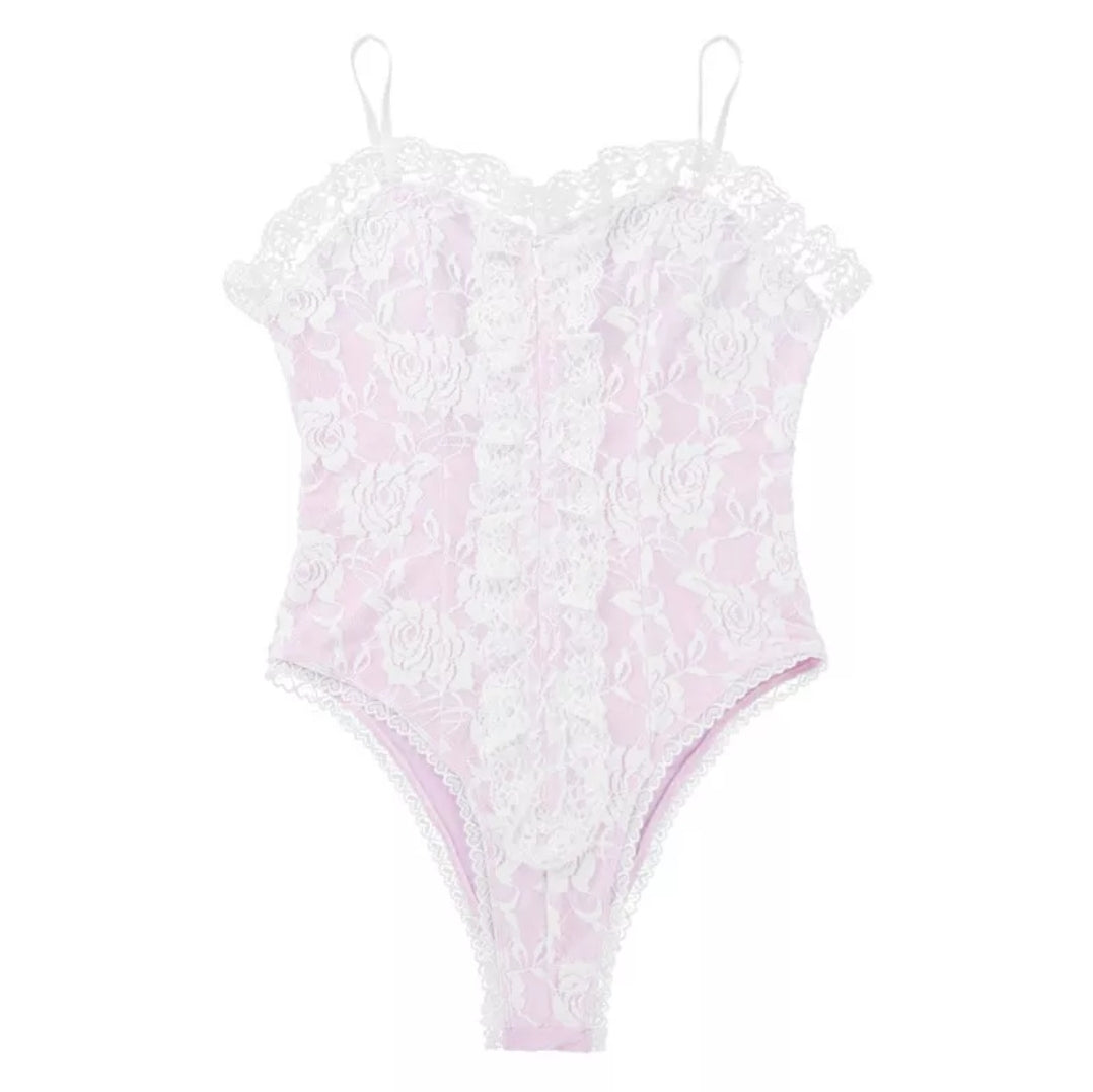 Sissy Mens Lingerie One Piece Adjustable Spaghetti Shoulder Straps High Cut Sleepwear Mens Sexy Ruffle Lace Teddy Bodysuit