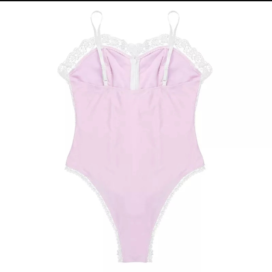 Sissy Mens Lingerie One Piece Adjustable Spaghetti Shoulder Straps High Cut Sleepwear Mens Sexy Ruffle Lace Teddy Bodysuit
