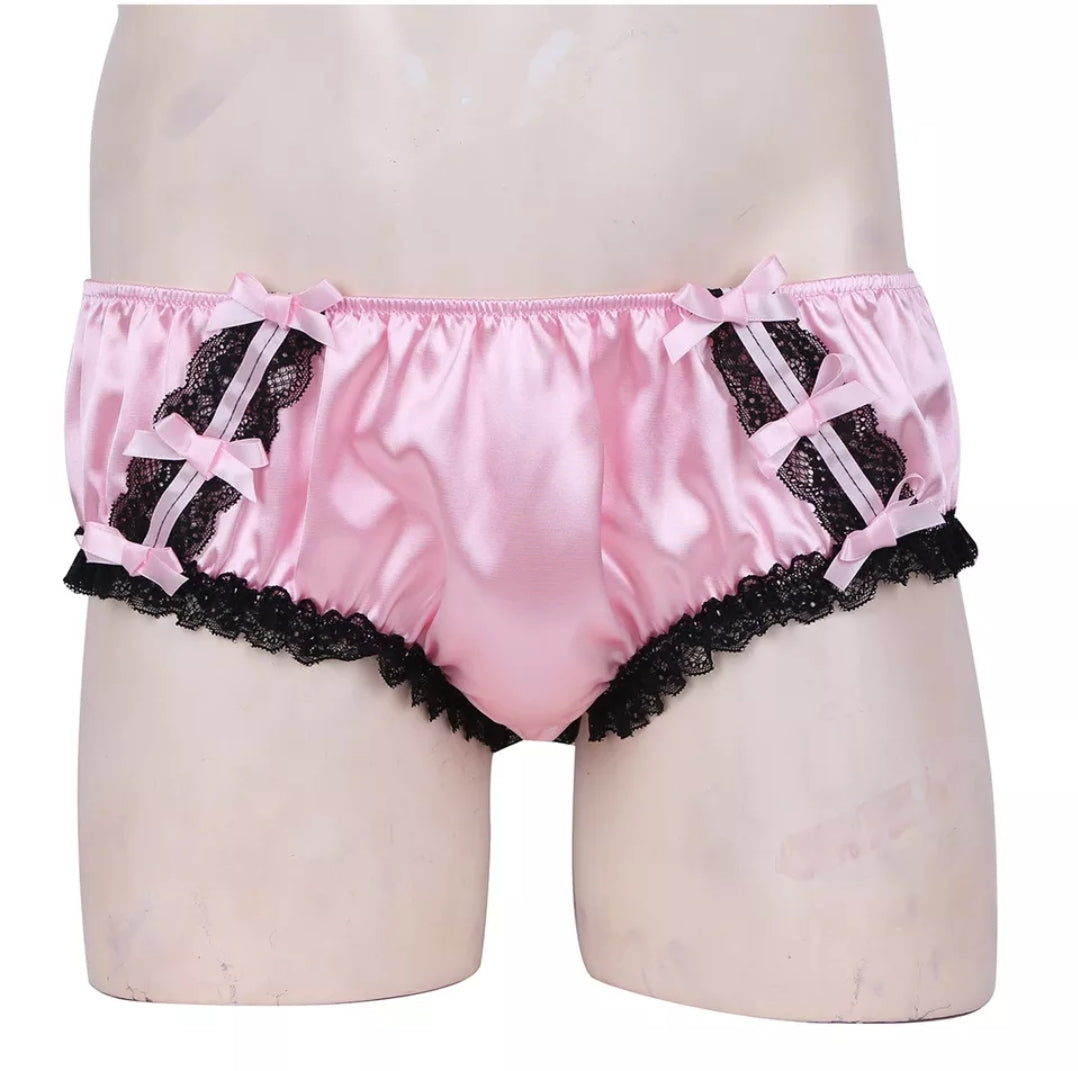 Sissy Mens Shiny Soft Ruffled Floral Lace Satin Lingerie Low Rise Panties Stretchy Bikini Briefs Underwear Sexy Male Underpants