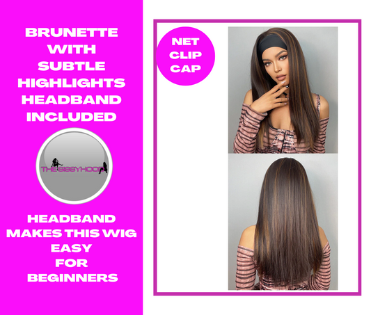 Chocolate brown with highlights long wig. Headband attached for comfort and easy styling.