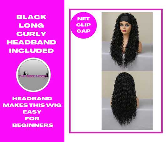 Black long curly wig with Headband attached for comfort and easy styling