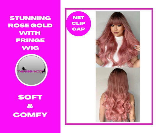 Rose gold long wavy wig with stunning fringe for comfort and easy styling