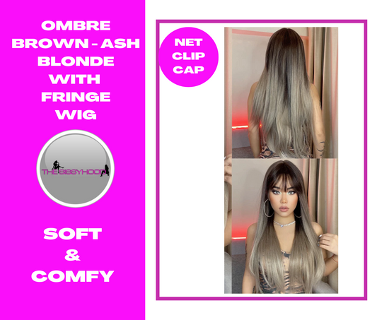 Mushroom brown ombre long wig with a fringe for comfort and easy styling