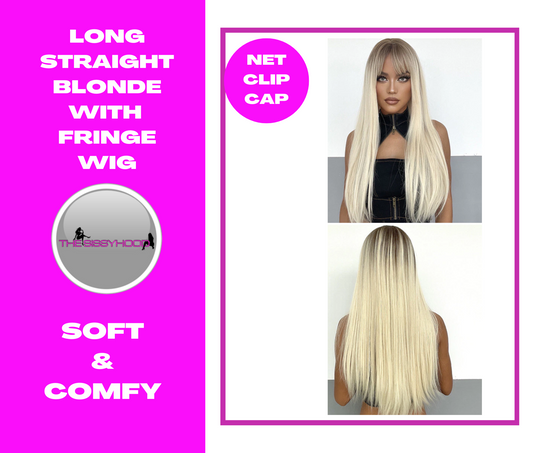 Long blonde straight wig with a fringe for comfort and easy styling