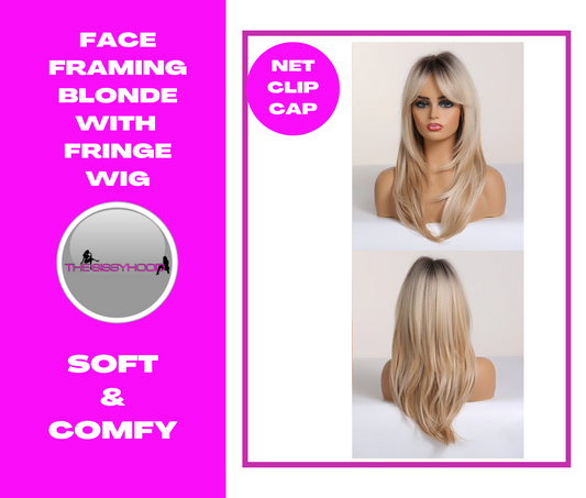 Natural blond mid length with fringe wig for comfort and easy styling.