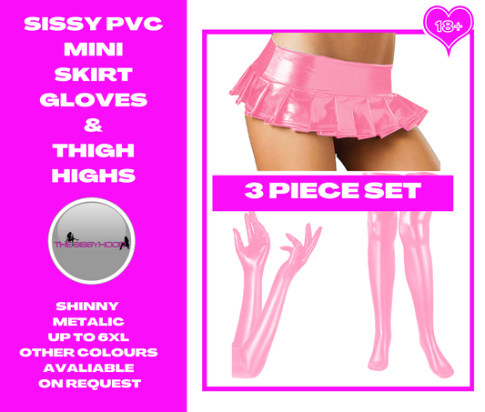 Plus Size 3 PCS Set SISSY Pleated Mini Skirt With Thigh High Stockings And Long Gloves Shiny Metallic