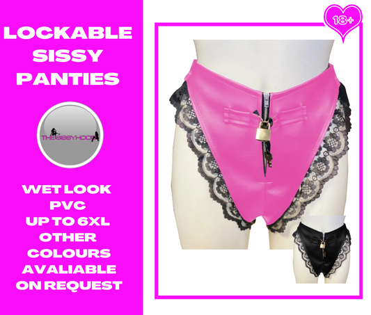 Lockable Panties Sissy unisex Zipper Knickers Black Lace Briefs Wet Look PVC Shiny High Waist underpants Crossdress CostumeS-7XL