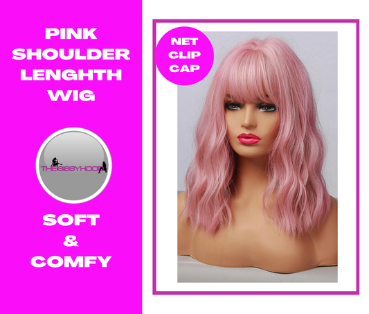 Pink or Blonde Wig With Bangs Medium Length Bob Wavy Wig Lolita Heat Resistant Fibers