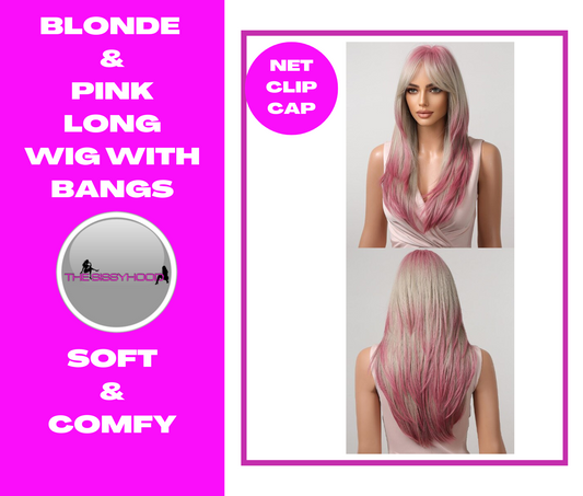Ombre Gray Blonde Pink Synthetic Wigs with Bangs Long Straight Layered Cosplay Lolita Hair Wig Heat Resistant