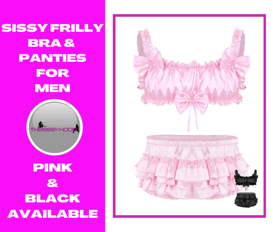 Men Satin Lingerie Set Ruffled Frilly Elastic Wide Shoulder Straps Bowknot Wire-free Bra Crop Top Bloomer Tiered Skirted Panties