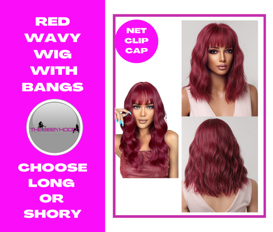 RED Synthetic Wigs with Bang Long Natural Wavy Hair Wig Heat Resistant
