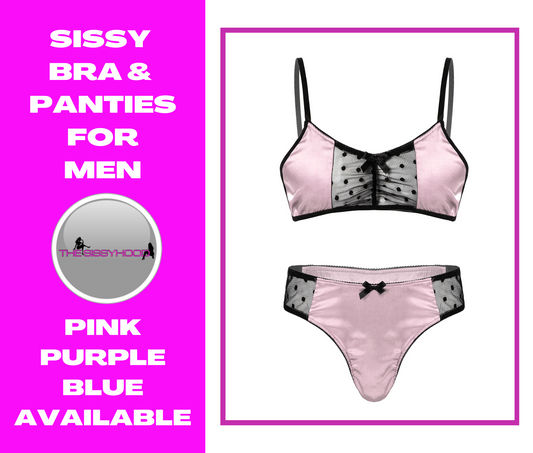 Men Satin Lingerie Suit Sissy Sheer Mesh Patchwork Adjustable Spaghetti Strap Bra Tops with Briefs Thongs Nightwear Underwear